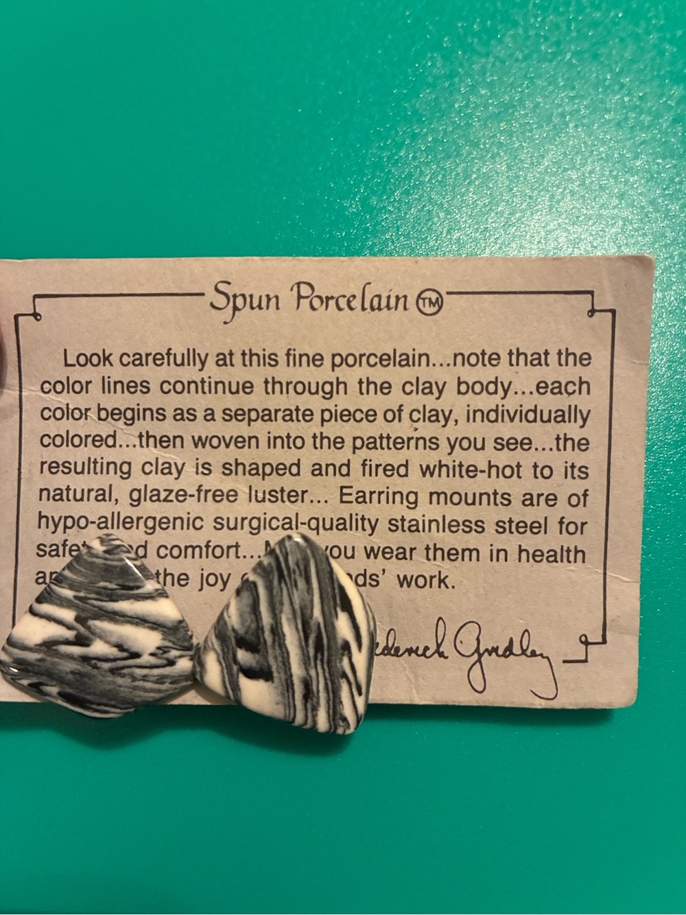 Vintage handmade Spun Porcelain earrings by artist Fred Gridley.